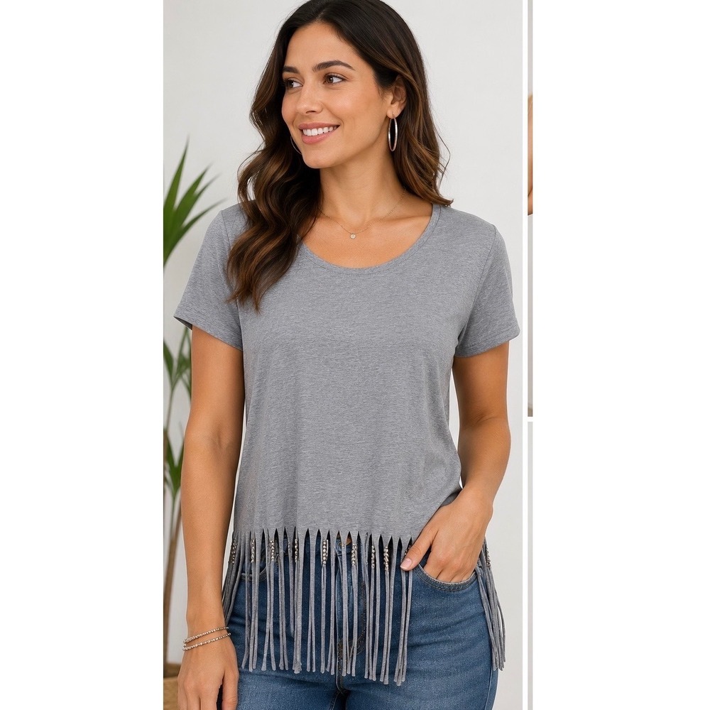 Jeans‎ by Buffalo Women Medium Grey Beaded Fringe Short Sleeve Boho T-Shirt Top